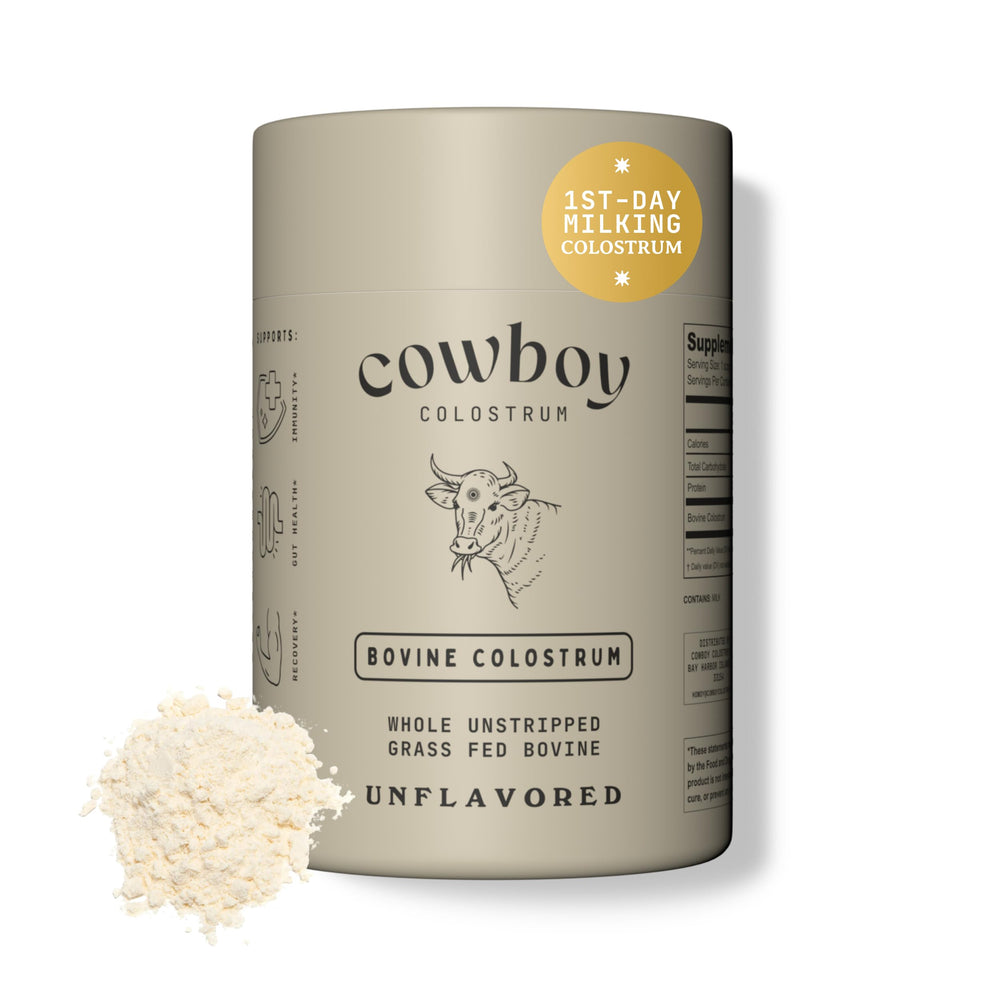 Cowboy Colostrum first-milking tub shows potent powder for gut and immune support.