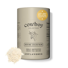 Cowboy Colostrum first-milking tub shows potent powder for gut and immune support.