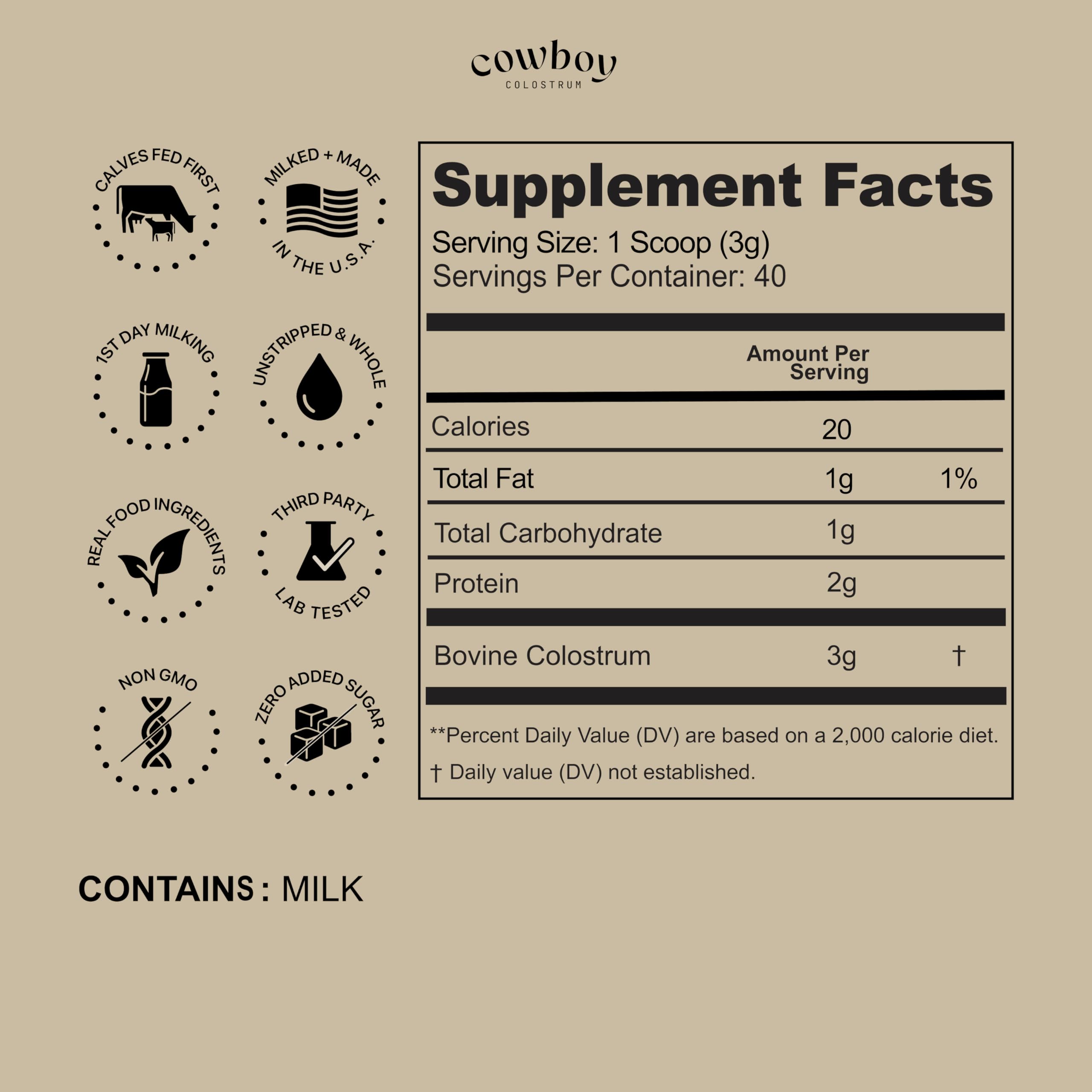 Cowboy Colostrum grass-fed cows pasture underscores natural origin and ethical sourcing.