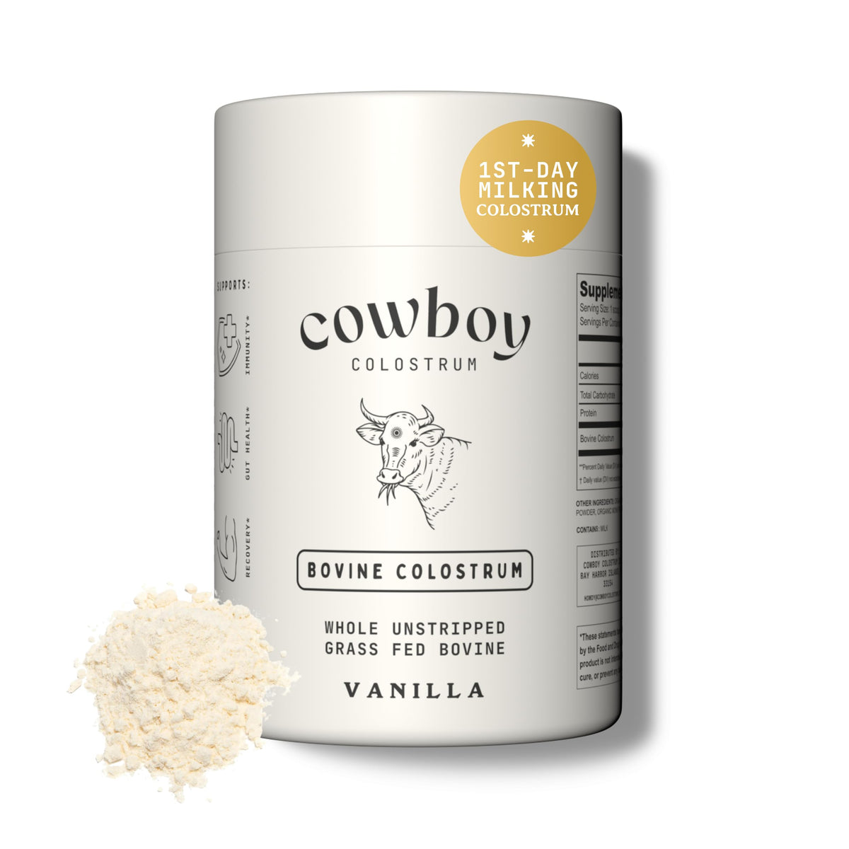 Cowboy Colostrum Powder jar label showcases premium vanilla formula for daily nutrition.