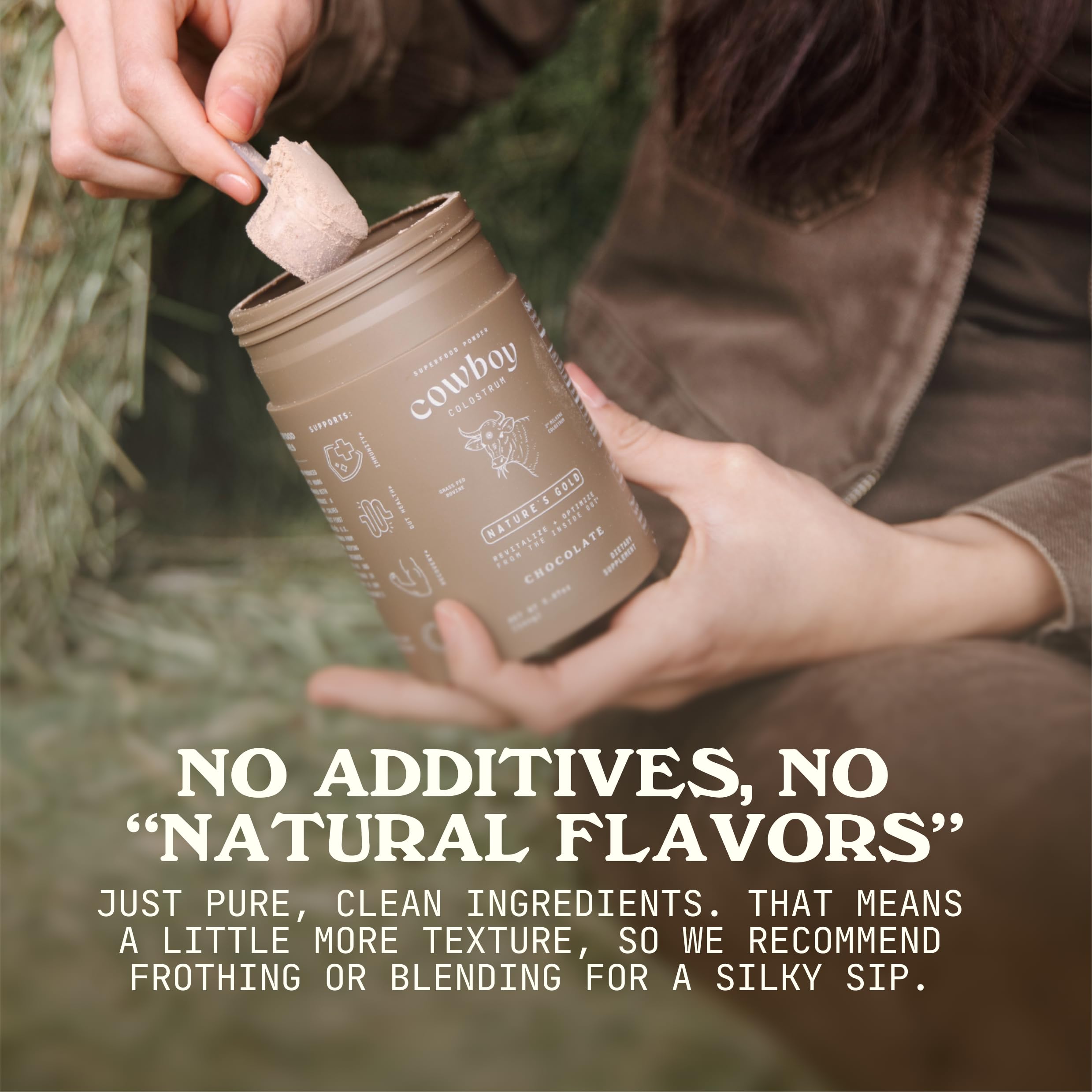 Scoop included for precise daily portions of Cowboy Colostrum Powder.