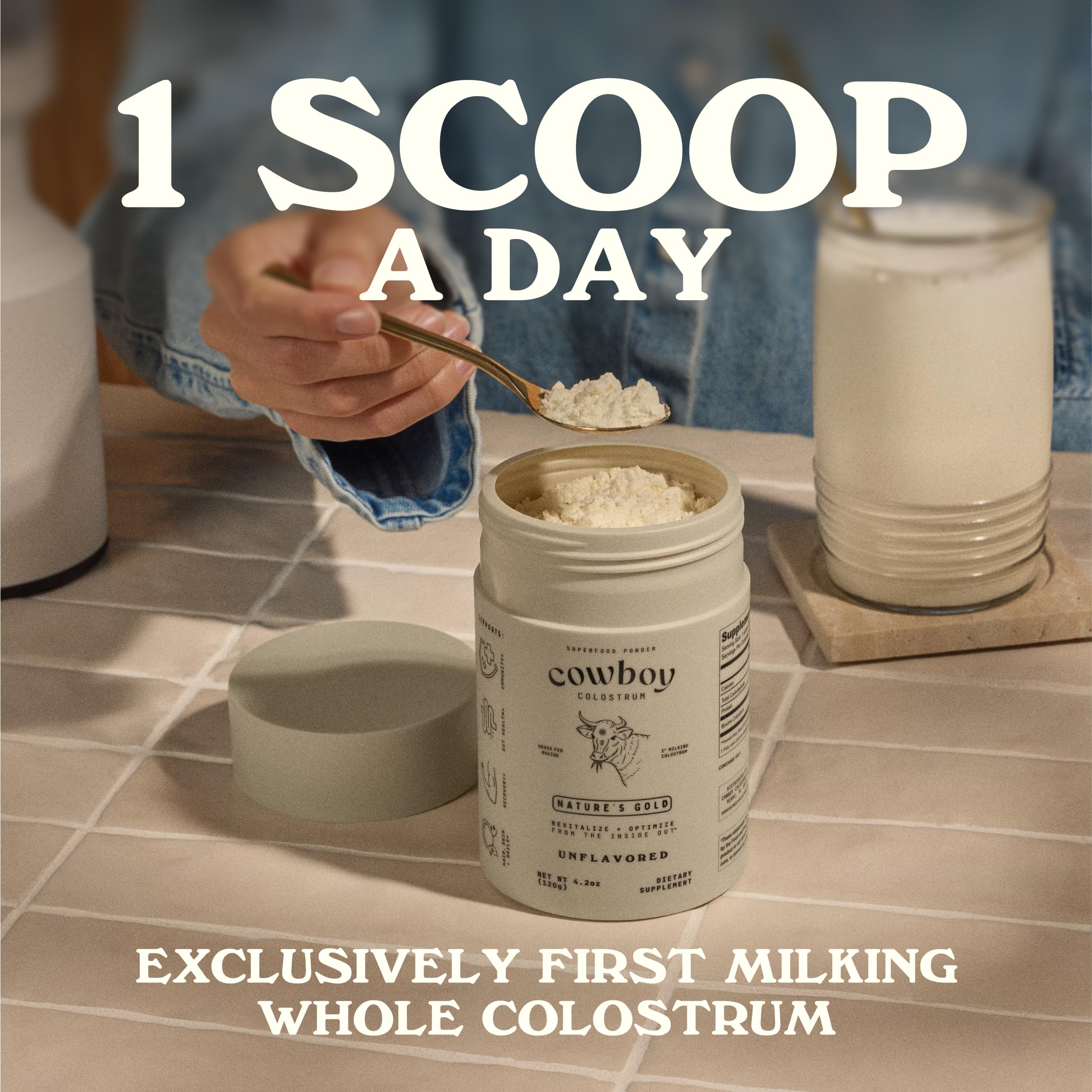 Cowboy Colostrum stirred into a smoothie showing creamy, easy blend.