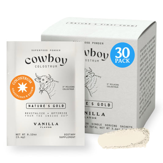 Cowboy Colostrum travel pack vanilla serving shows convenient single-serve use for gut-friendly routines