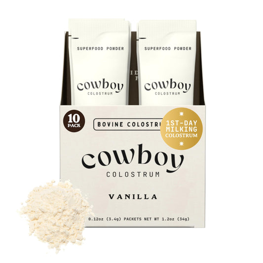 Cowboy Colostrum vanilla travel pack ready to mix into coffee for a creamy boost