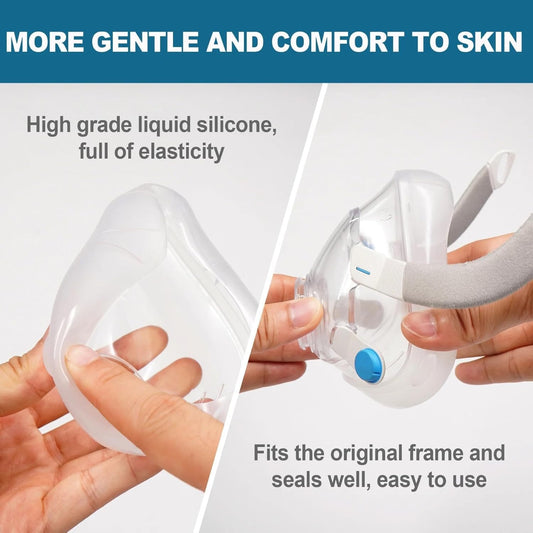 CPAP Vitality AirFit AirTouch cushion on face demonstrating full-nose-and-mouth seal