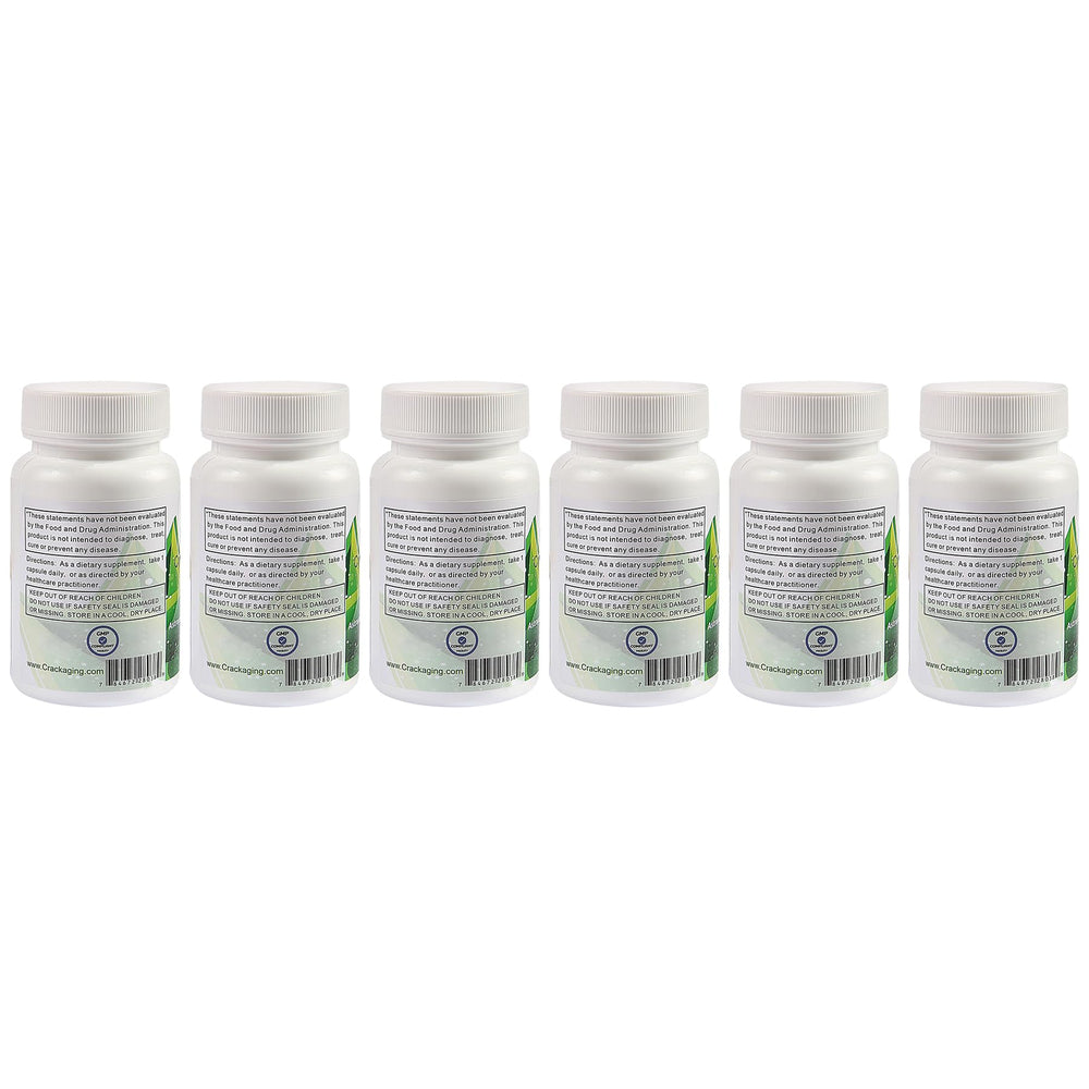 Crackaging six-bottle set highlights longevity-focused supplement.