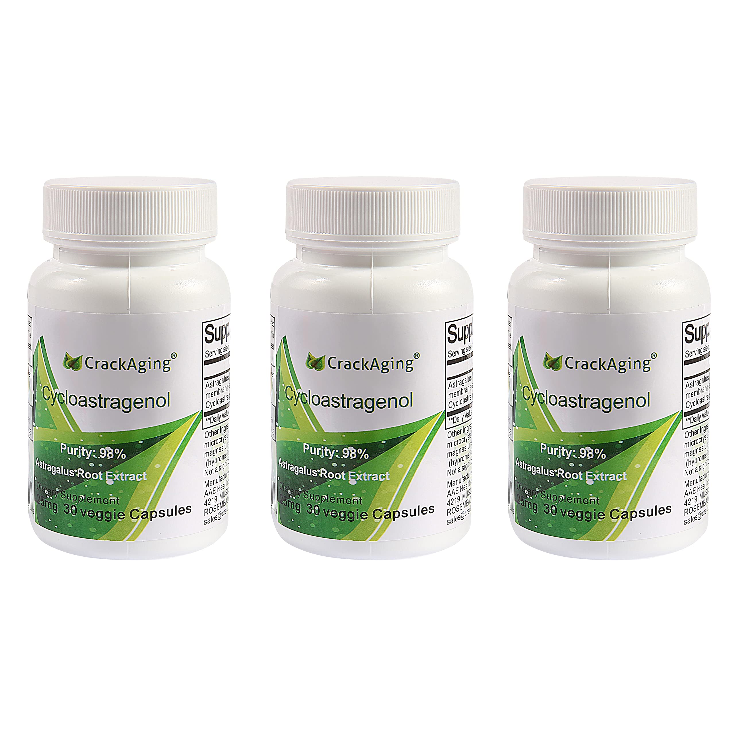 Crackaging Cycloastragenol 98% capsules bottle close-up highlighting purity and immune support.