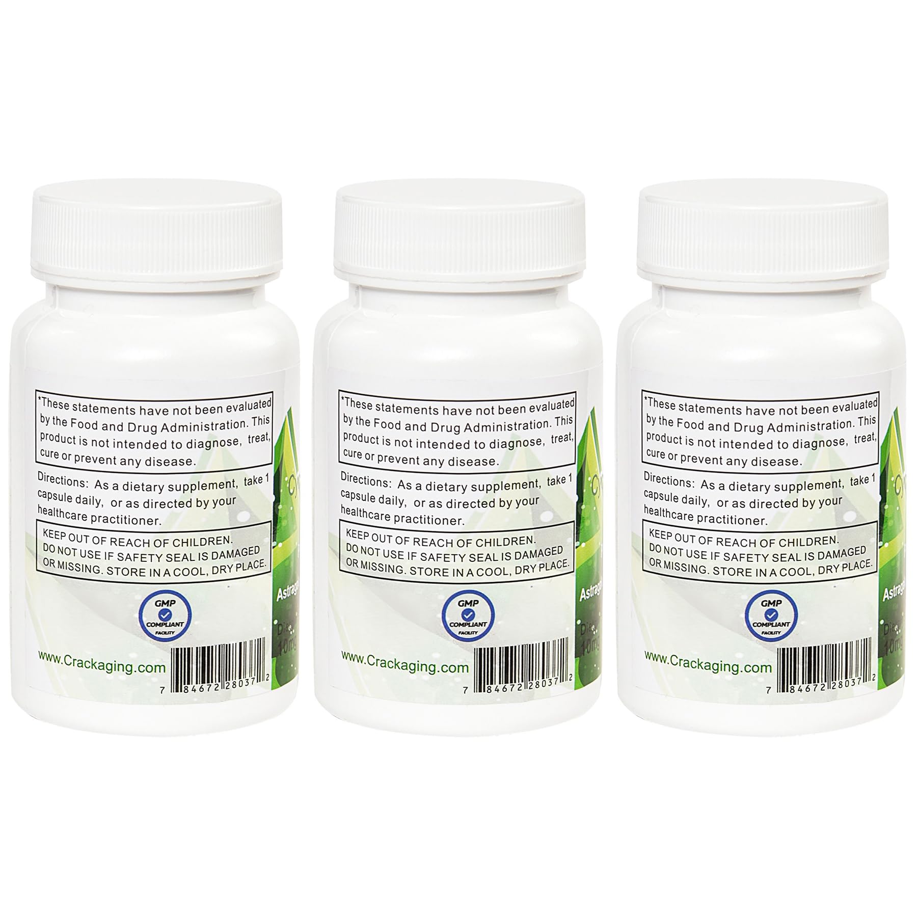 Crackaging Cycloastragenol label shown beside bottles and packaging.