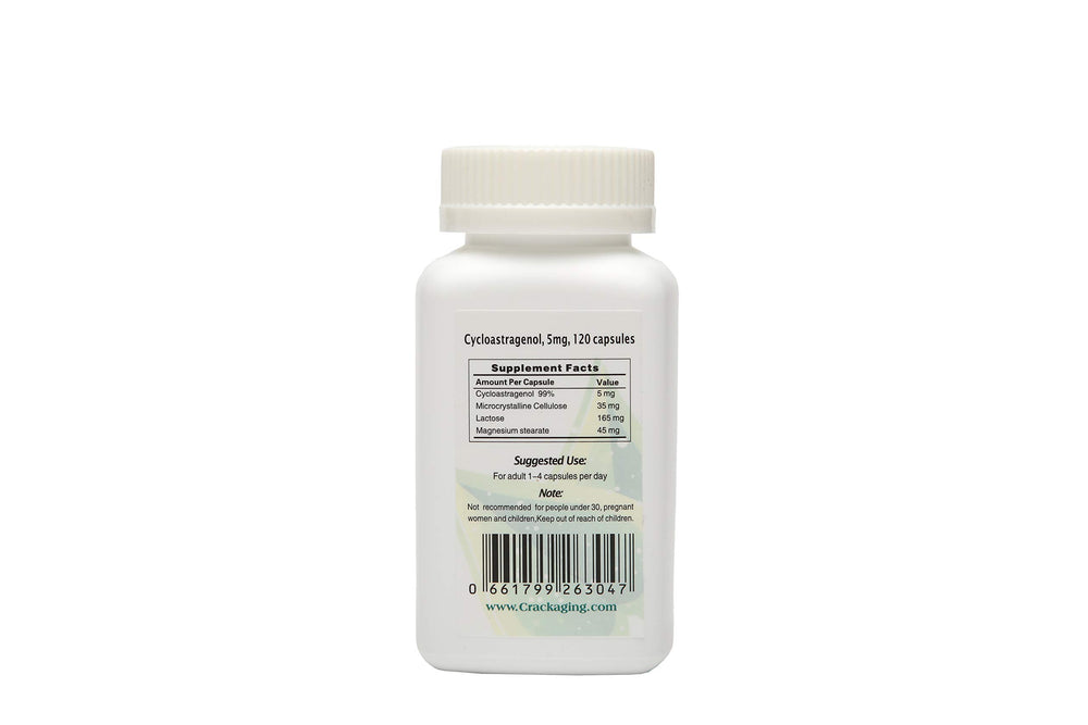 Crackaging Cycloastragenol packaging with lab report indicating third-party testing.