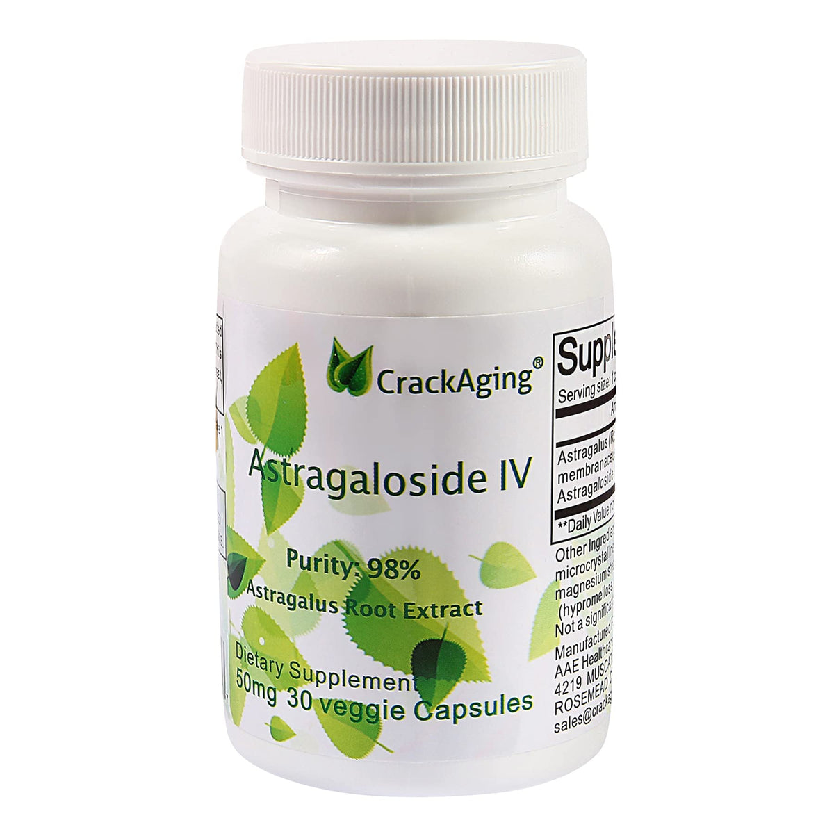Crackaging Super-Absorption Astragaloside IV bottle label close-up shows premium capsules for immune support.