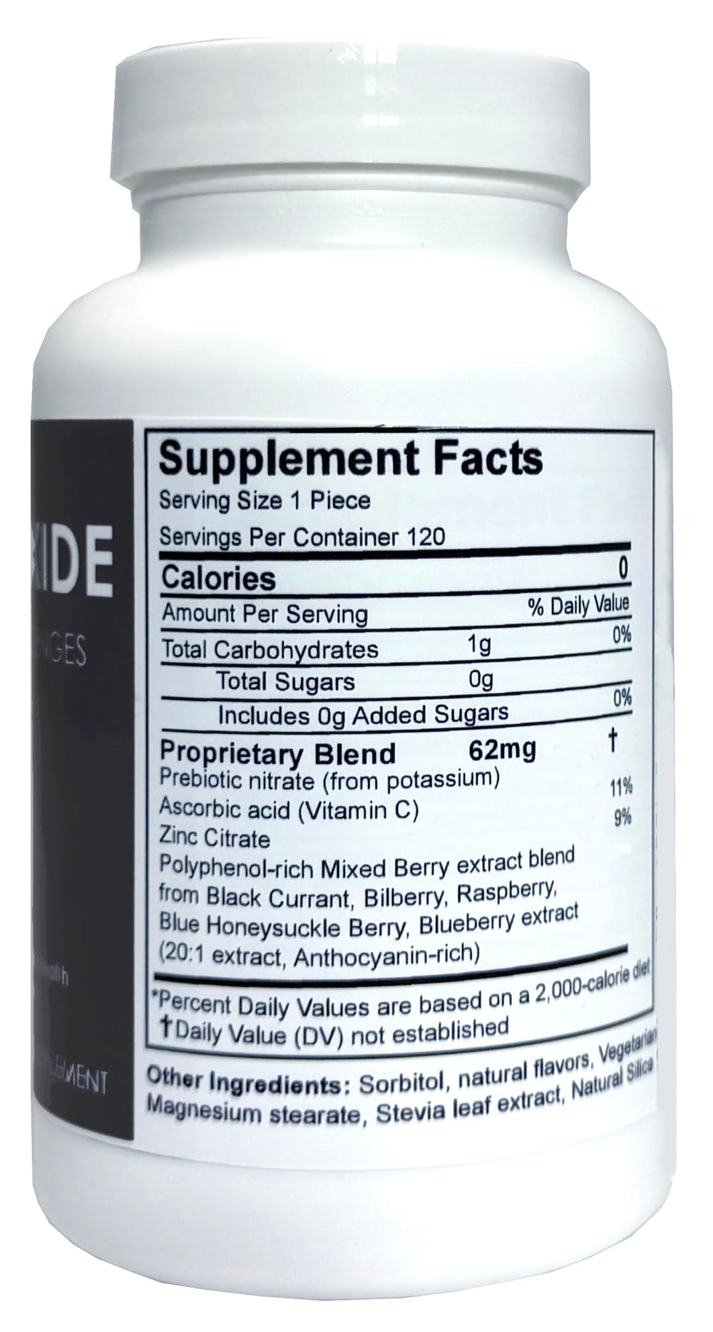 Crait Nitric Oxide Lozenges label detail emphasizes zinc and vitamin C benefits.