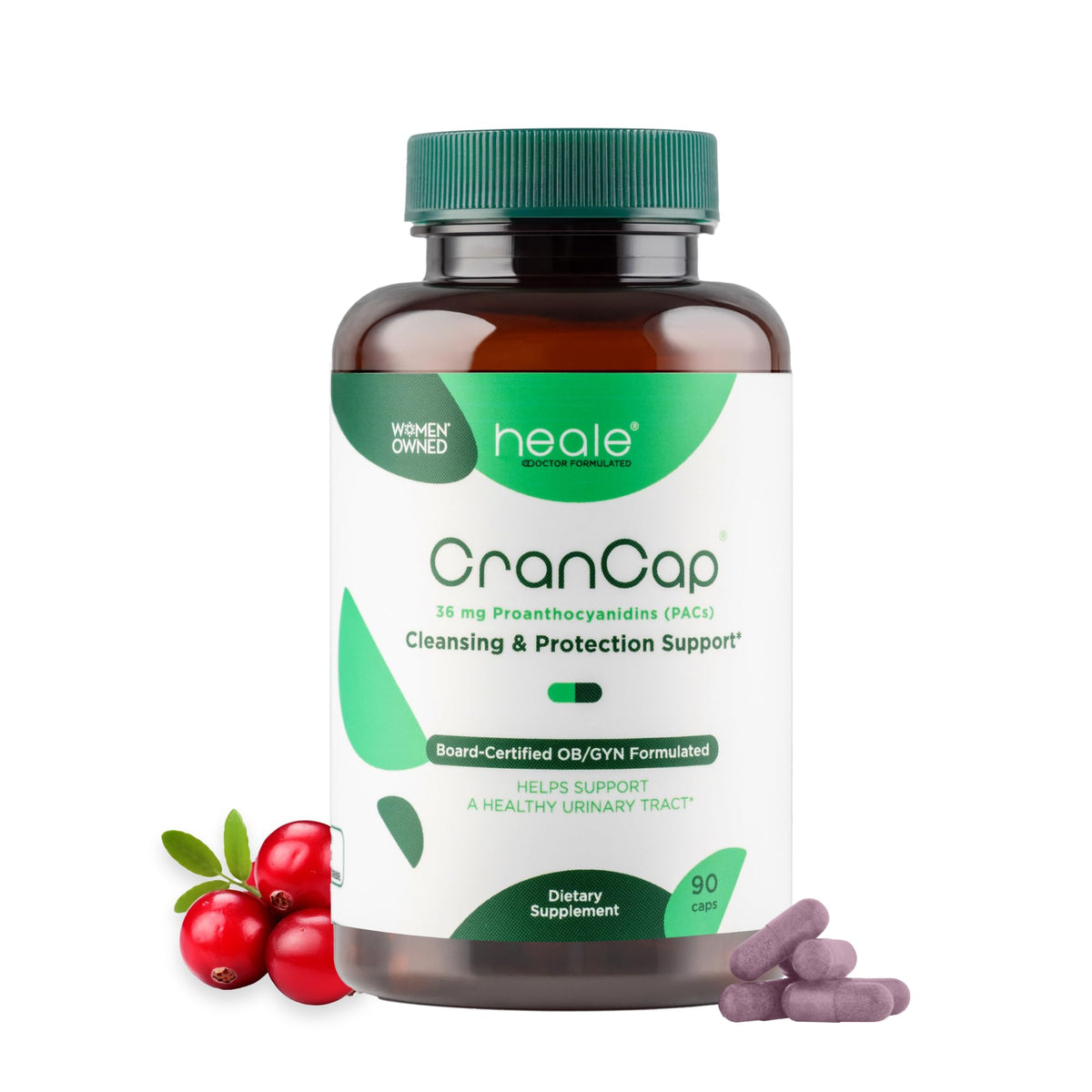 CranCap Cranberry Pills bottle front highlights 90-count urinary health support