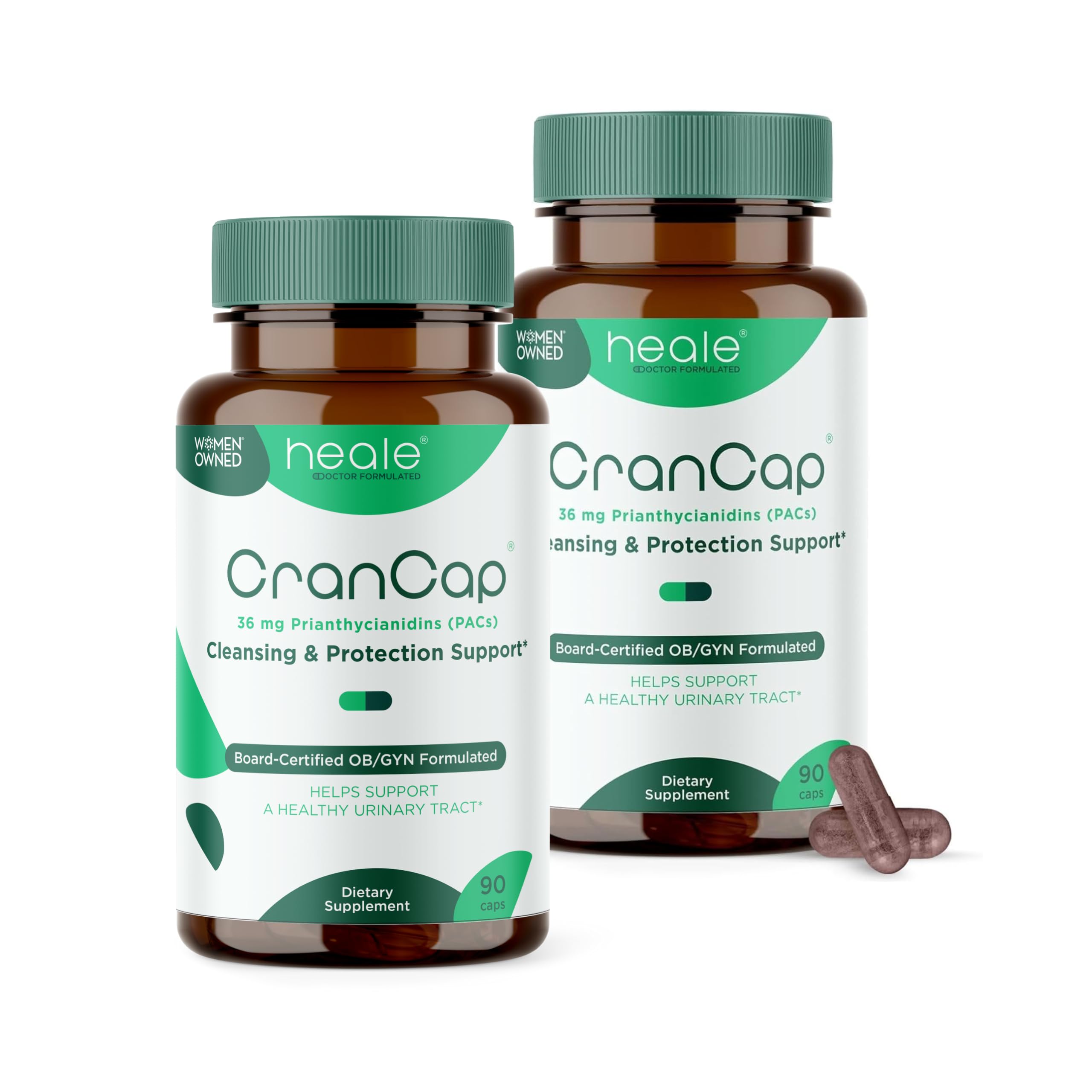 CranCap cranberry pills bottle shown for daily urinary support with vegan capsules.