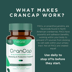 CranCap capsules closeup highlighting vegan, non-GMO, gluten-free capsules.
