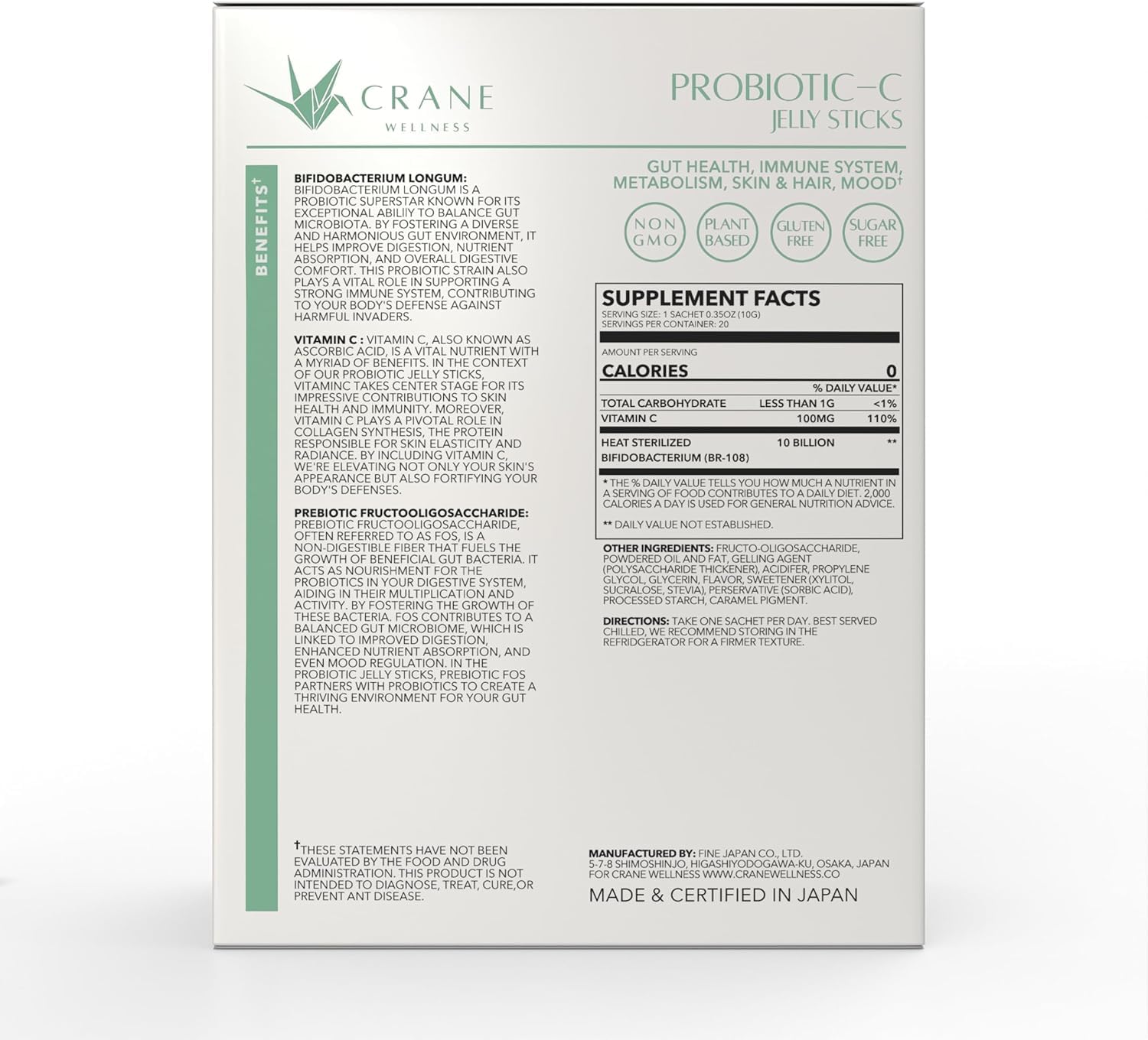 CRANE WELLNESS packaging displays non-GMO, plant-based, gluten-free icons.