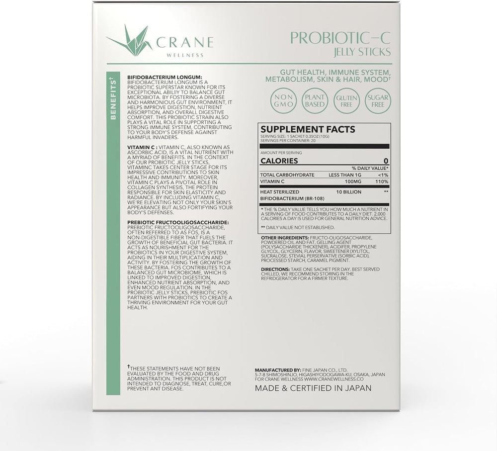 CRANE WELLNESS packaging displays non-GMO, plant-based, gluten-free icons.