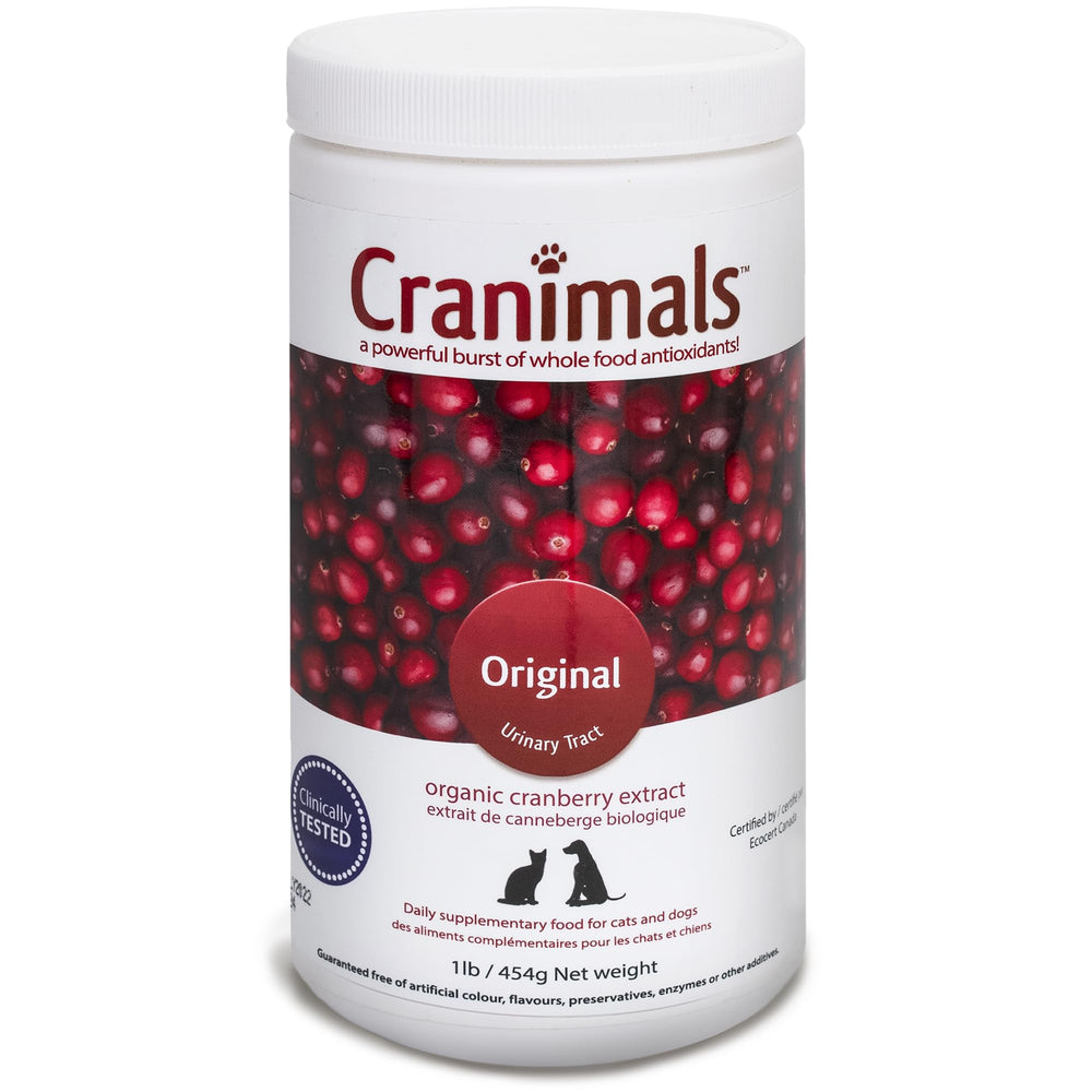 Cranimals Cranberry Powder for Dogs bottle highlights organic extract for urinary health support.