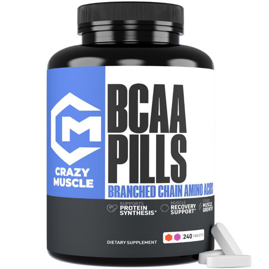Crazy Muscle BCAA pills bottle front view for 80-day supply.