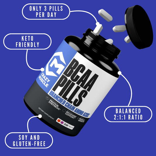 Crazy Muscle BCAA tablets close-up showing tablet texture.