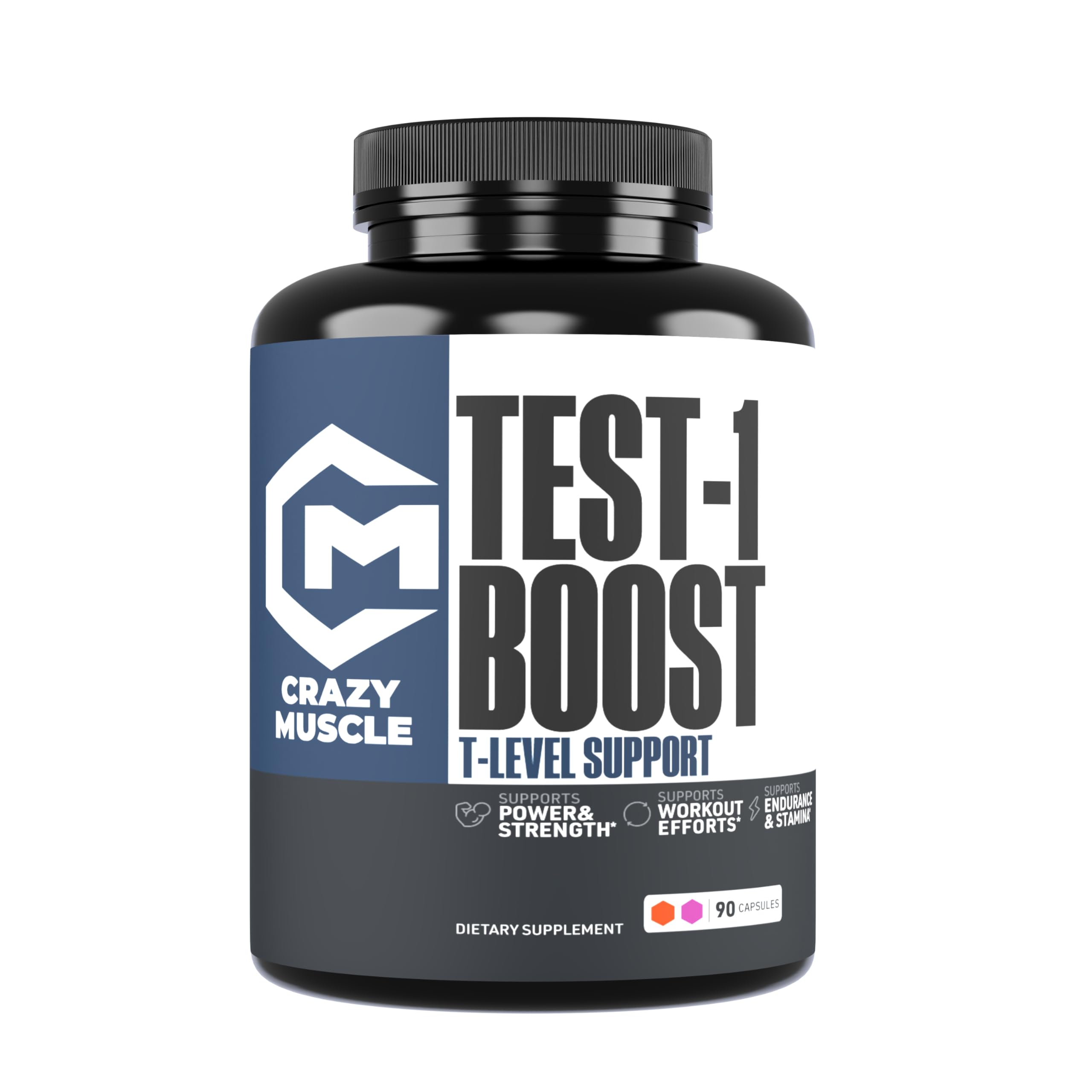 Crazy Muscle Booster bottle on shelf with 90 capsules for daily use.
