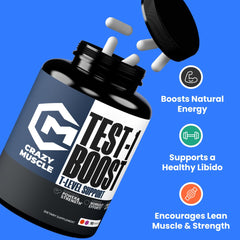 Crazy Muscle Booster capsules closeup showing high potency formula for vitality.