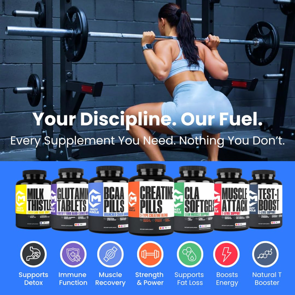 Crazy Muscle Booster stacked with pre-workout and creatine for stacking cycles.