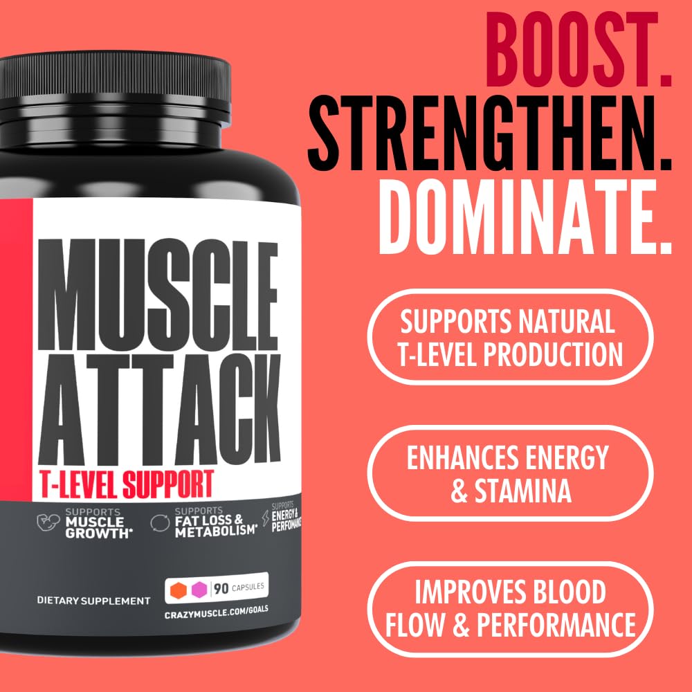 Crazy Muscle bottle and label close-up highlighting easy daily use.