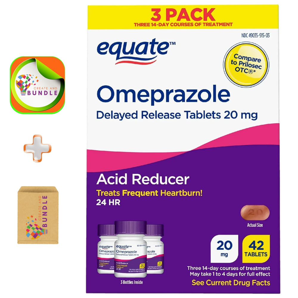 Create and Bundle Equate Omeprazole 20 mg bottle shown for 24-hour heartburn relief.