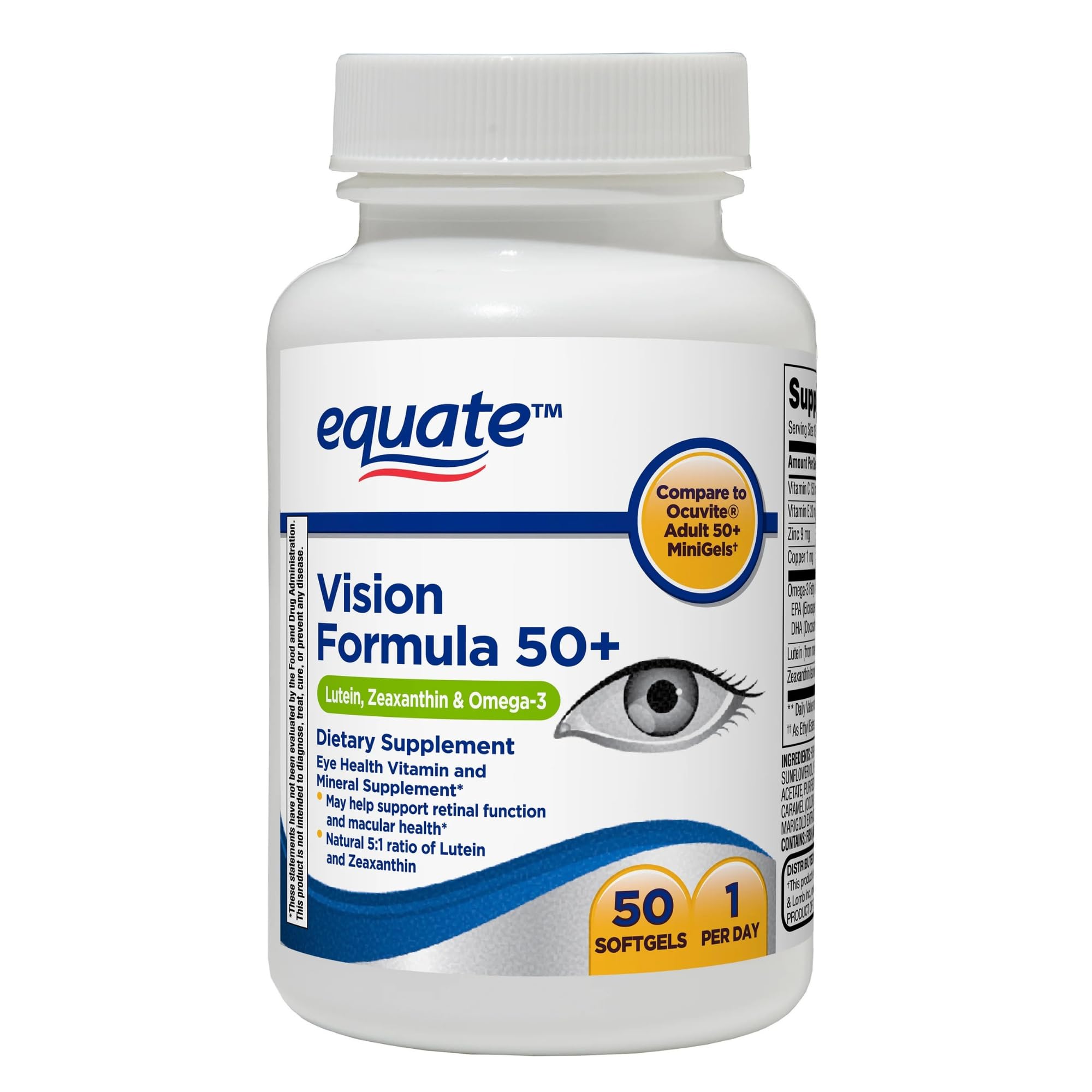 Equate Vision 50+ bottle label highlights nutrients for eye health support