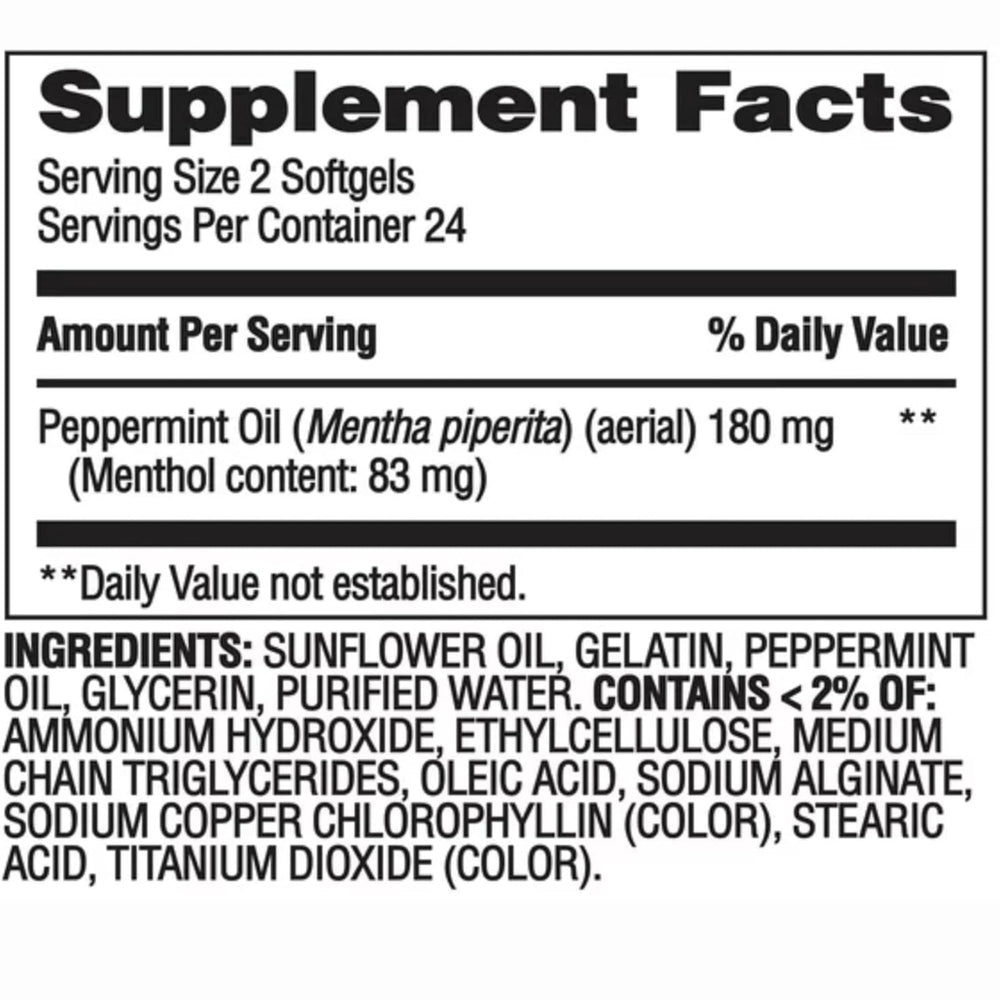 Create and Bundle peppermint oil softgels capsule close-up, fiber content highlight.