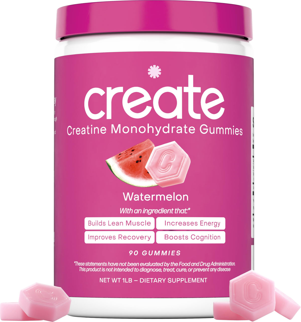 Create Creatine Gummies bottle close-up, chewy texture for on-the-go endurance.
