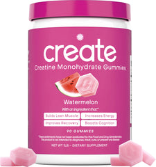 Create Creatine Gummies bottle close-up, chewy texture for on-the-go endurance.