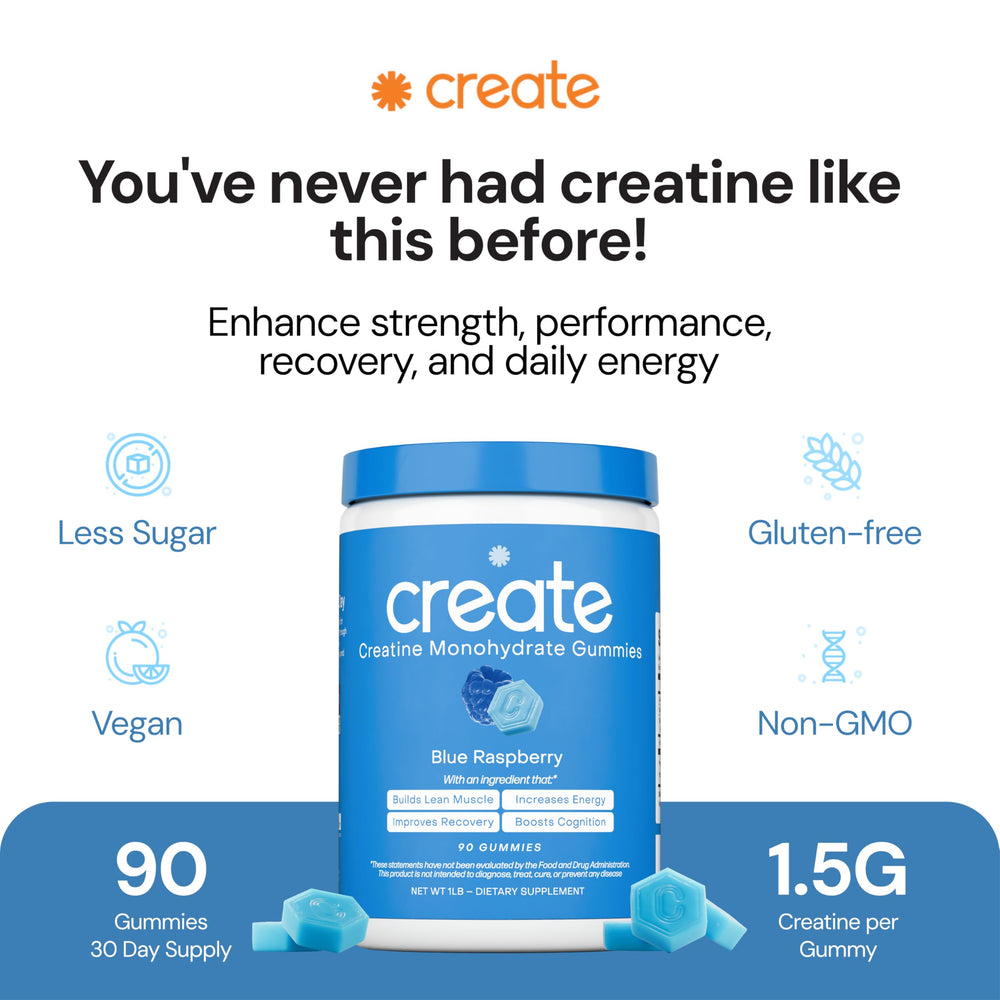 Create Creatine Gummies close-up of blue raspberry flavor for crisp taste.