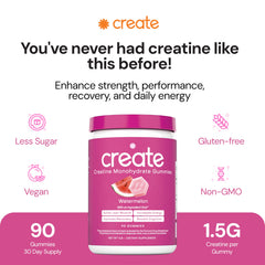 Create Creatine Gummies packaging front, vegan and gluten-free formula.
