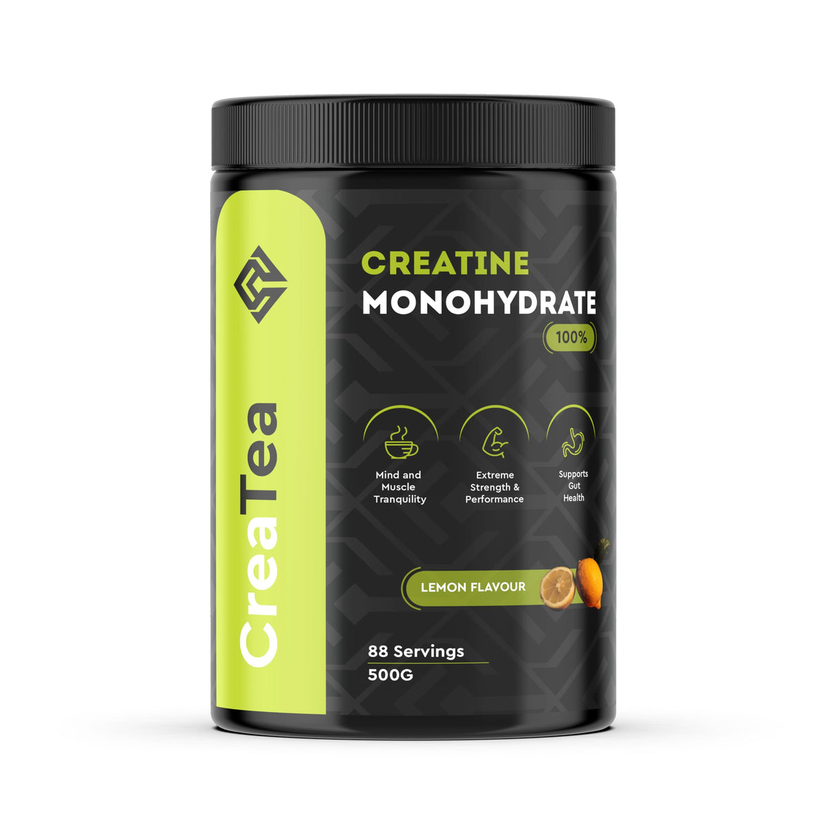 CreaTea lemon creatine bottle with clear label for easy, on-the-go performance support.