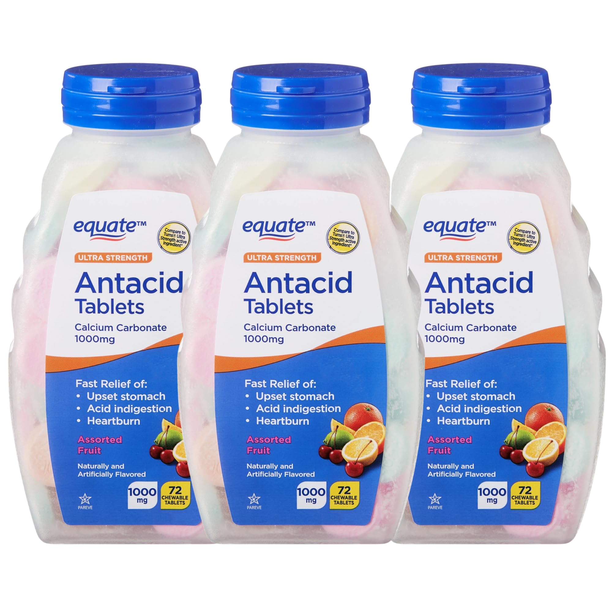 Equate chewable fruit tablets close-up highlights tasty flavors.