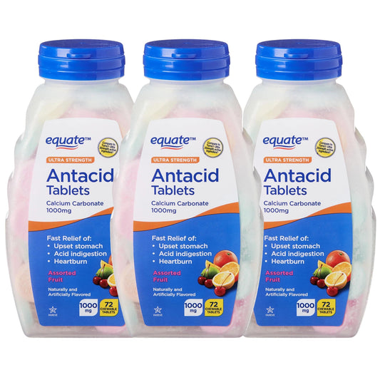 Equate chewable fruit tablets close-up highlights tasty flavors.