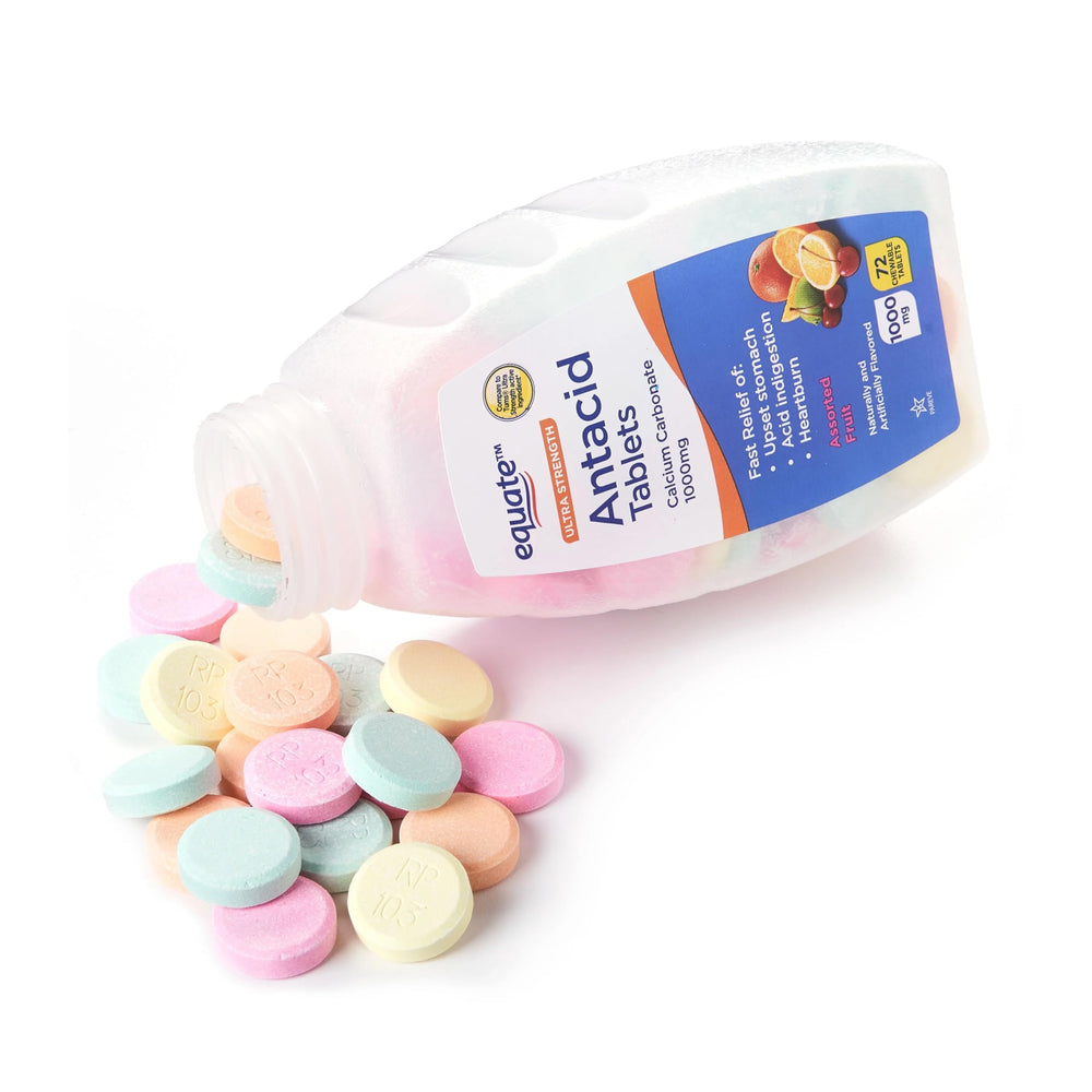 Equate fruit-flavored chewables in hand show easy use anywhere.