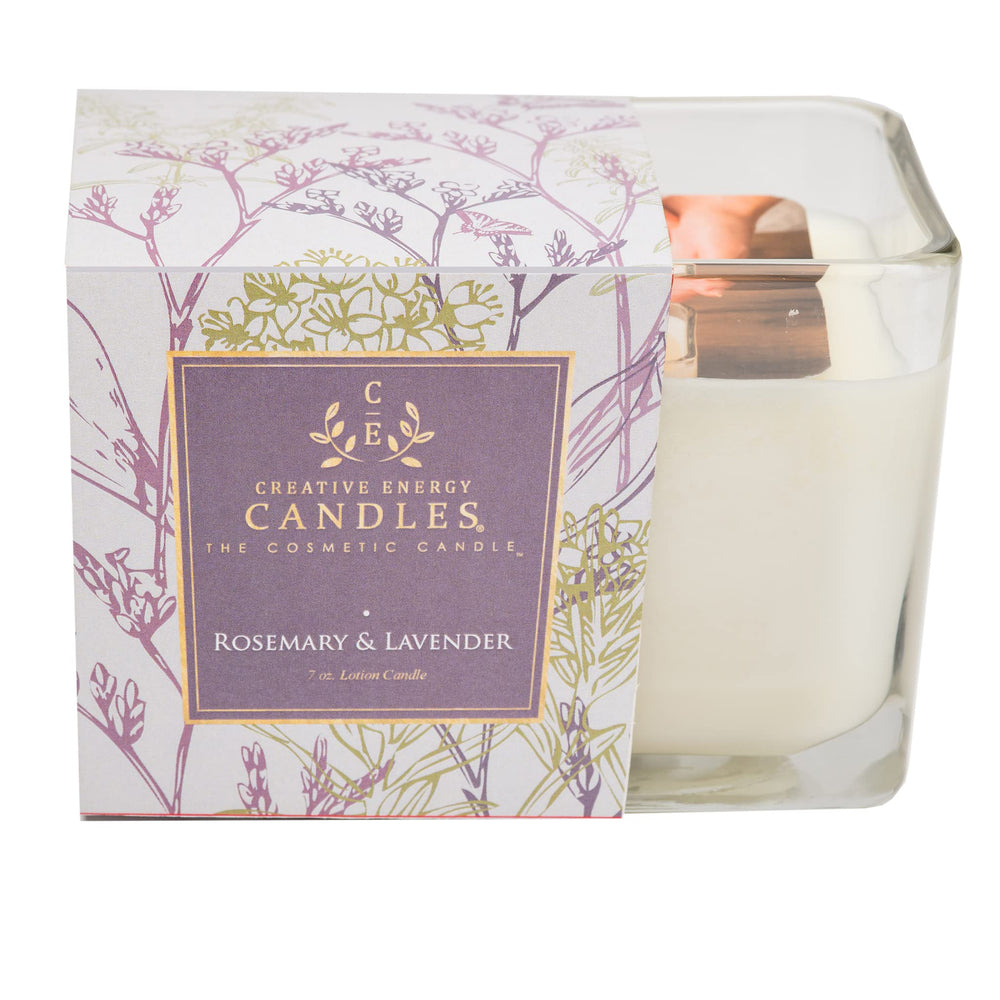 Creative Energy Candles Rosemary and Lavender candle glow for calm ambiance.