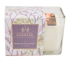 Creative Energy Candles Rosemary and Lavender candle glow for calm ambiance.
