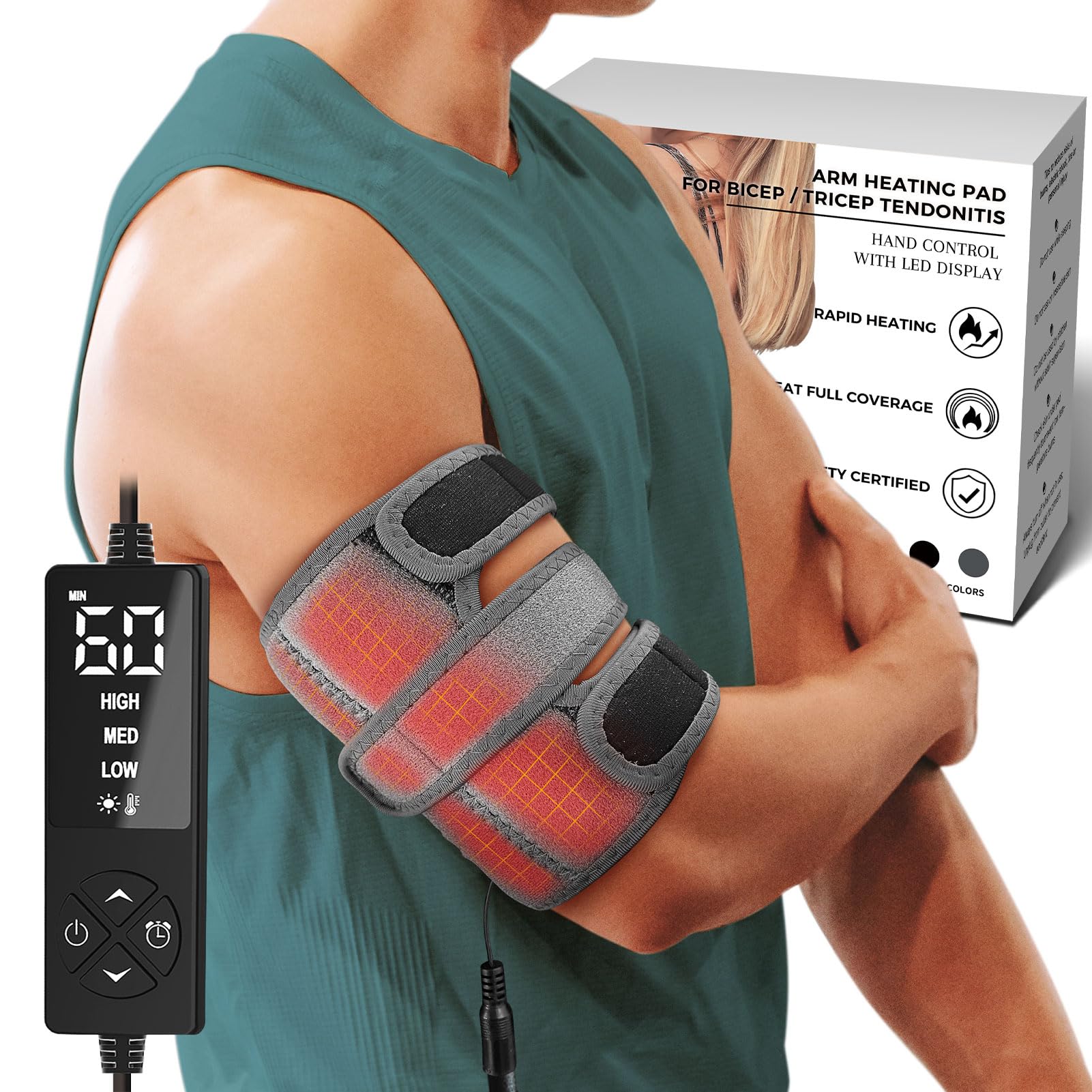 CREATRILL upper-arm heating pad sleeve worn for targeted arm warmth and comfort