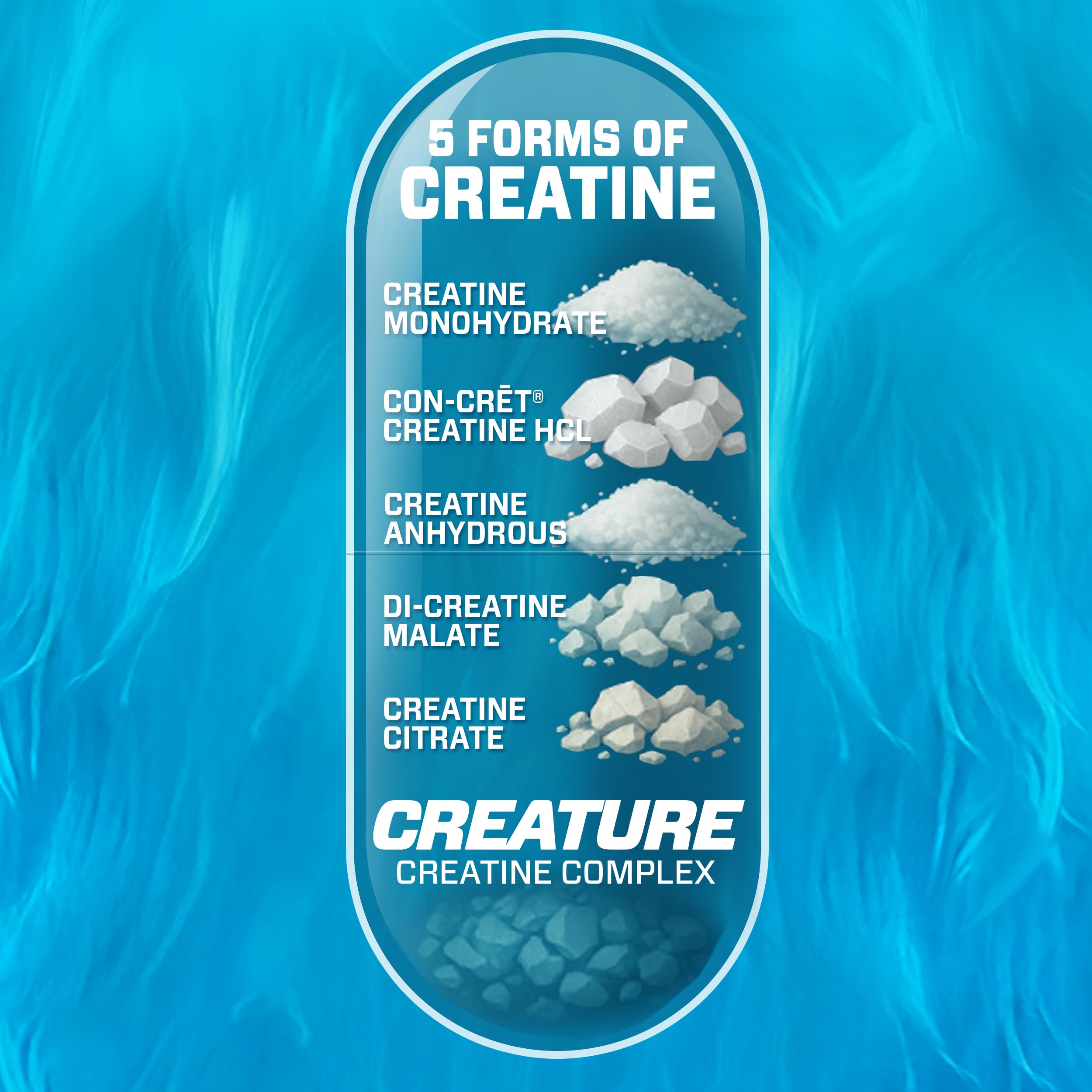 Close-up of CREATURE Creatine Complex capsules—compact pills for convenient daily use