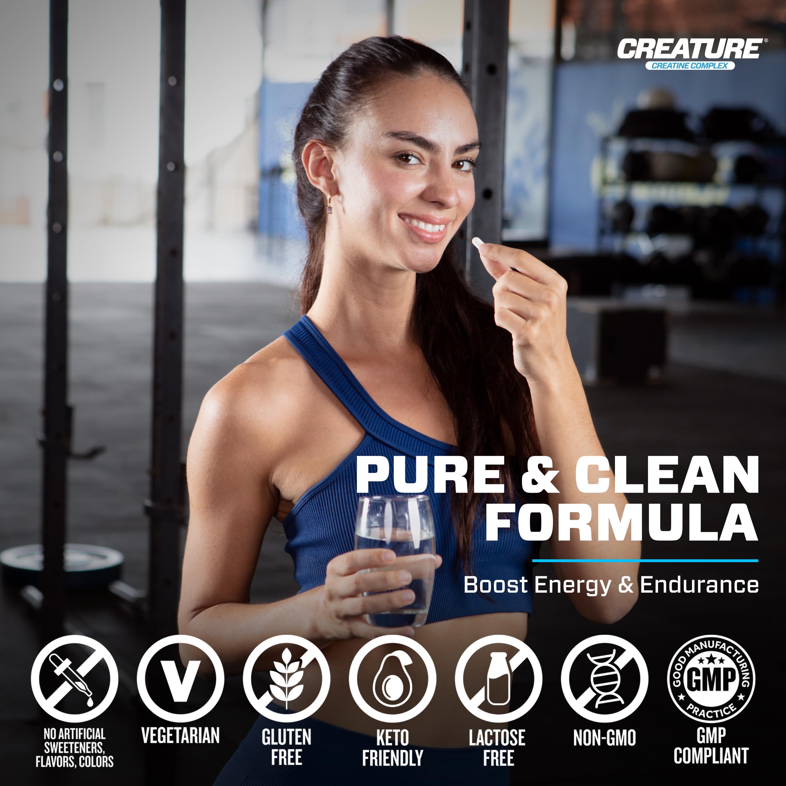Capsules poured from CREATURE Creatine Complex bottle for easy daily dosing