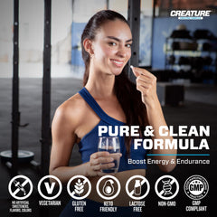 Capsules poured from CREATURE Creatine Complex bottle for easy daily dosing