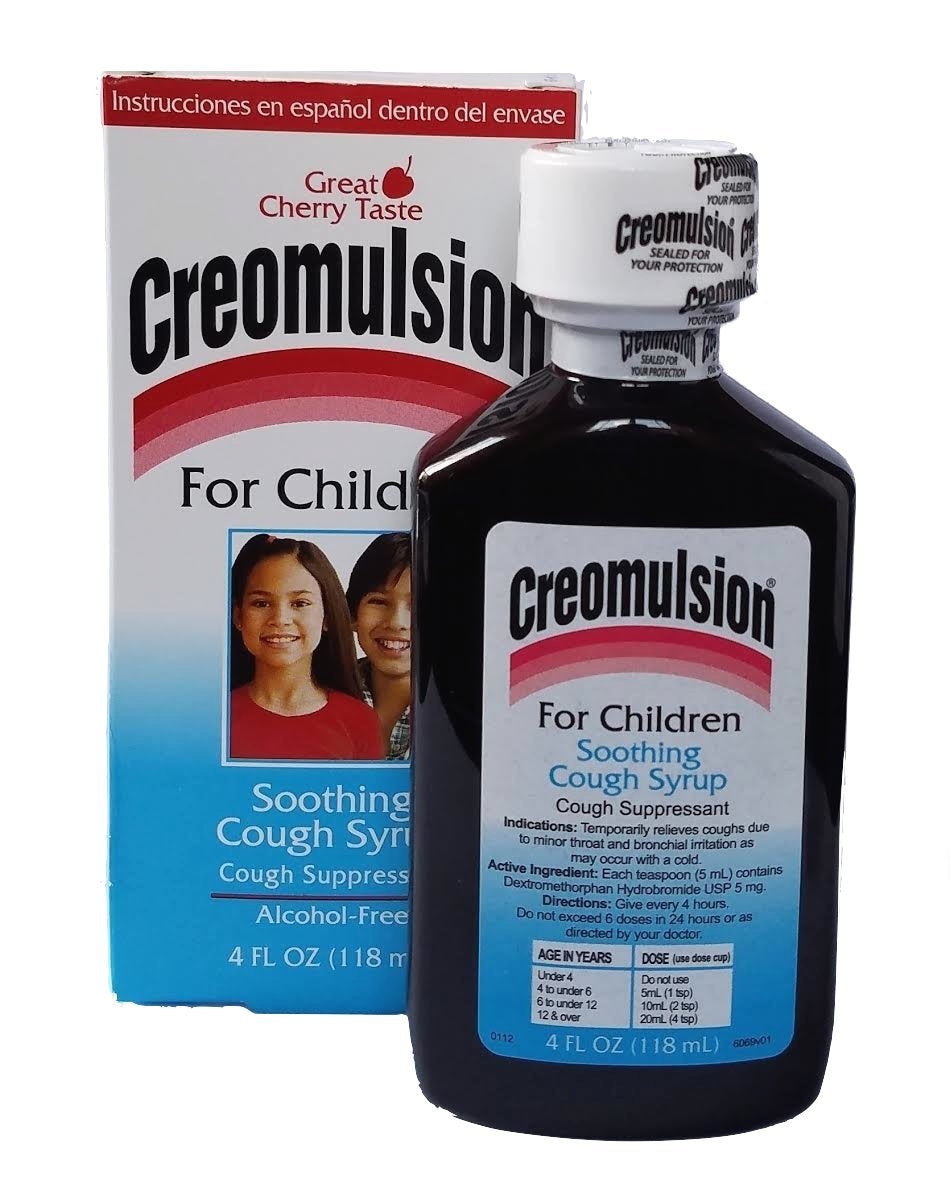 Creomulsion Children's Cough Syrup bottle pouring, kid-friendly, soothing relief for occasional coughs
