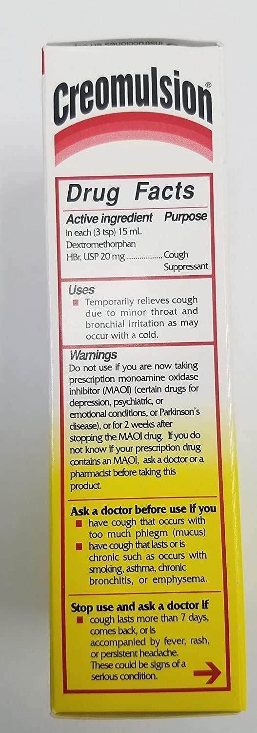 Creomulsion syrup texture reveals thick, soothing coating for irritated throats.