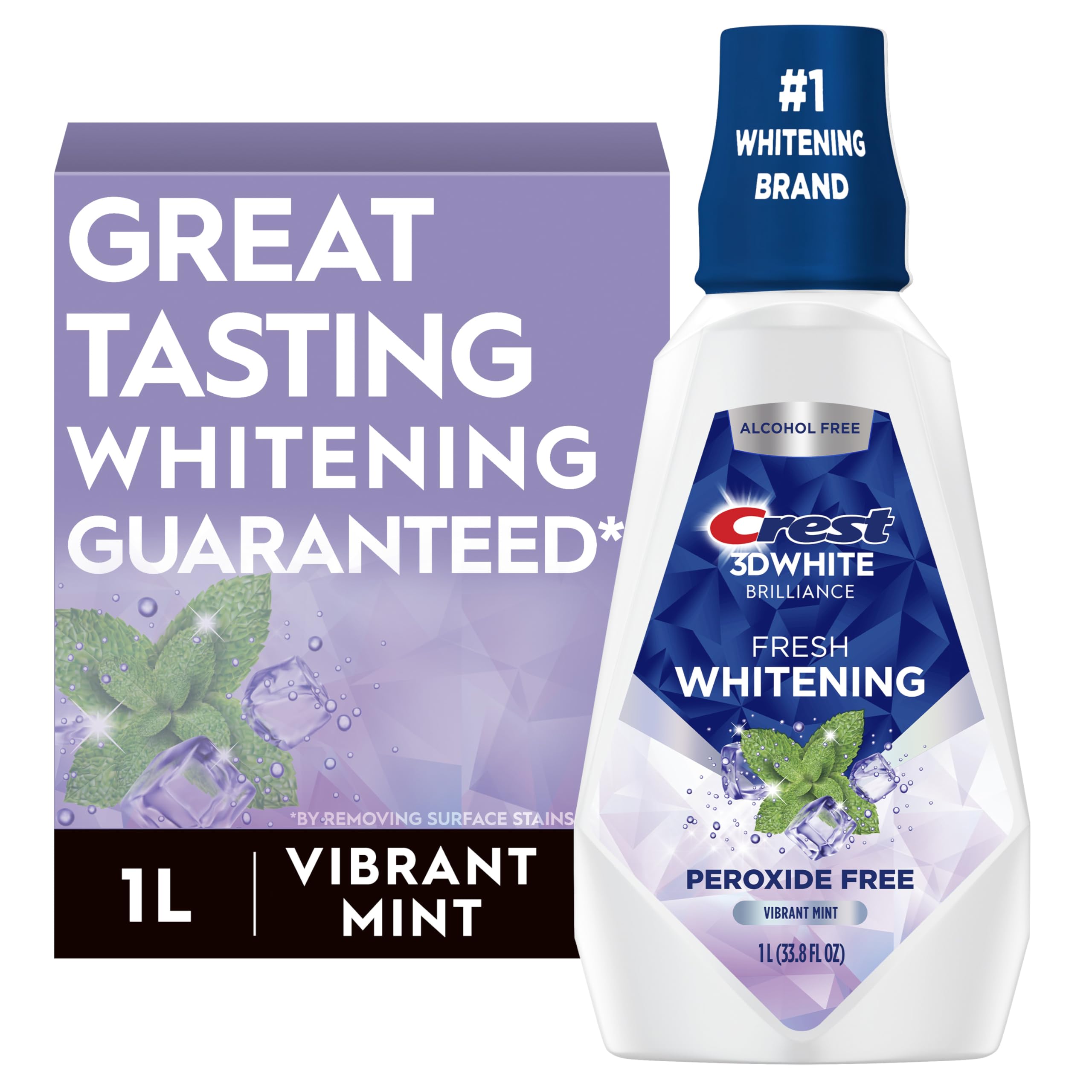 Crest 3D White Brilliance bottle front highlighting whitening action and mint scent.