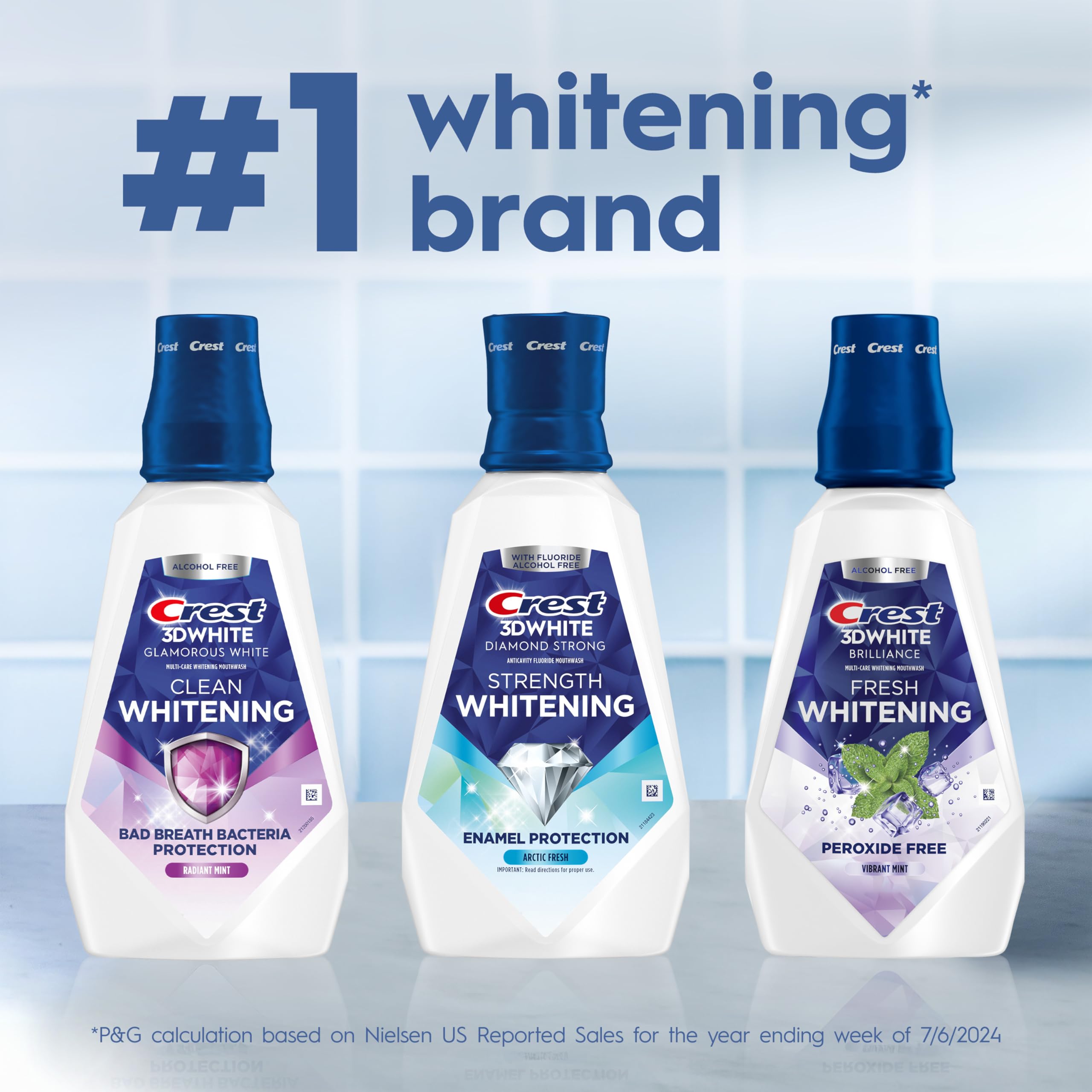 Crest 3D White Brilliance label detail showing alcohol free claim.