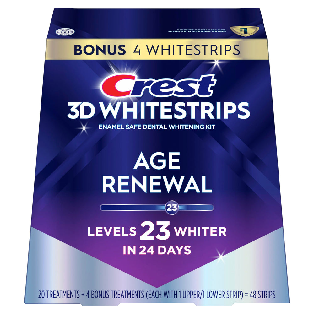 Before and after example with Crest 3D Whitestrips Age Renewal smile