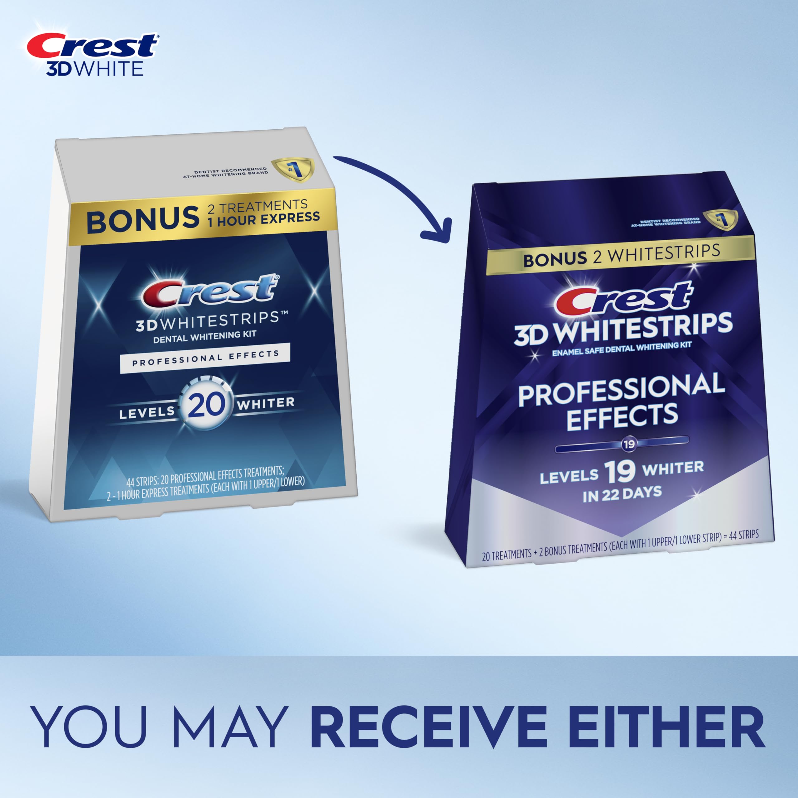 Crest 3D Whitestrips Professional Effects strip pair portrait illustrating upper and lower strips.